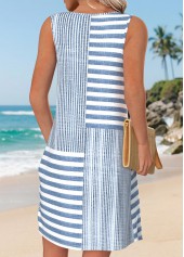 Striped Tummy Coverage Blue Short Sleeveless V Neck Dress