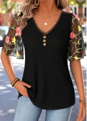 Curved Hem Black Half Sleeve V Neck T Shirt