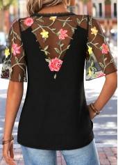 Curved Hem Black Half Sleeve V Neck T Shirt