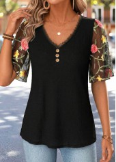 Curved Hem Black Half Sleeve V Neck T Shirt