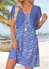 Ditsy Floral Print Two-piece Purplish Blue Dress and Cardigan