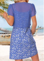 Ditsy Floral Print Two-piece Purplish Blue Dress and Cardigan