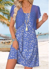 Ditsy Floral Print Two-piece Purplish Blue Dress and Cardigan