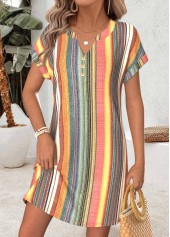Multi Stripe Print Tummy Coverage Short Split Neck Dress