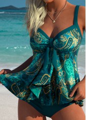 Mid Waisted Tribal Print Tie Peacock Blue Tankini Set