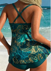 Mid Waisted Tribal Print Tie Peacock Blue Tankini Set