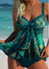 Mid Waisted Tribal Print Tie Peacock Blue Tankini Set