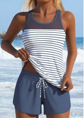 Mid Waisted Striped Two-piece Dusty Blue Tankini Set