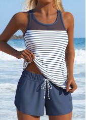 Mid Waisted Striped Two-piece Dusty Blue Tankini Set
