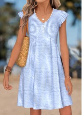 Striped Shirred Light Blue Short V Neck Dress