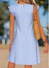 Striped Shirred Light Blue Short V Neck Dress