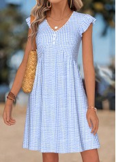 Striped Shirred Light Blue Short V Neck Dress