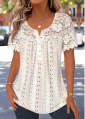 Ruffle Beige Short Sleeve Split Neck Blouse
