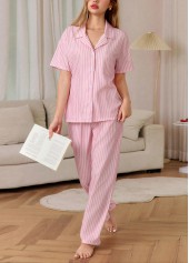 Striped Pink Shirt Collar Lounge Top and Pants