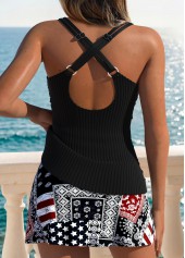 Mid Waisted Tribal Print Surplice Black Tankini Set