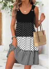 Geometric Print Shirred Black Short Sleeveless Scoop Neck Dress