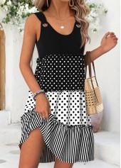 Geometric Print Shirred Black Short Sleeveless Scoop Neck Dress