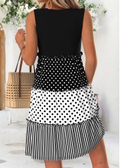 Geometric Print Shirred Black Short Sleeveless Scoop Neck Dress