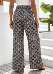 Geometric Print Black Straight Leg Elastic Waist Pants