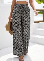 Geometric Print Black Straight Leg Elastic Waist Pants