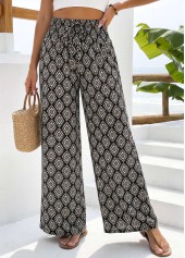 Geometric Print Black Straight Leg Elastic Waist Pants