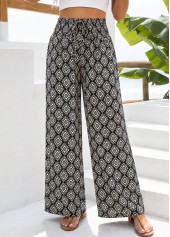 Geometric Print Black Straight Leg Elastic Waist Pants