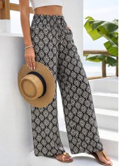 Geometric Print Black Straight Leg Elastic Waist Pants