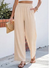 Beige Straight Leg Elastic Waist High Waisted Pants