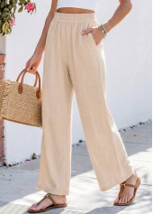 Beige Straight Leg Elastic Waist High Waisted Pants