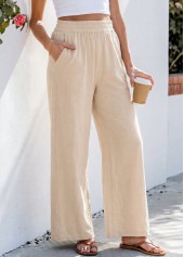 Beige Straight Leg Elastic Waist High Waisted Pants