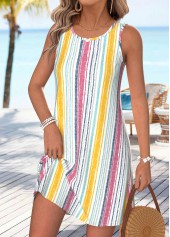 Multi Stripe Print Tummy Coverage Short Sleeveless Dress