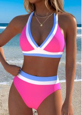 Mid Waisted Patchwork Hot Pink Bikini Set