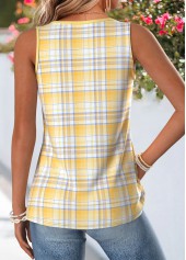 Plaid Shirred Yellow Sleeveless V Neck Tank Top