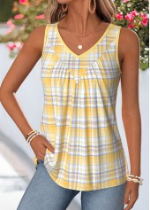 Plaid Shirred Yellow Sleeveless V Neck Tank Top