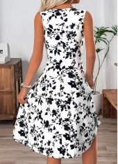 Floral Print Shirred White Sleeveless Round Neck Dress