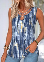 Geometric Print Tummy Coverage Navy Sleeveless Tank Top