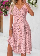 Polka Dot Pink Short Sleeve V Neck Dress