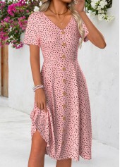 Polka Dot Pink Short Sleeve V Neck Dress