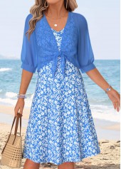 Floral Print Two-piece Blue Half Sleeve Dress and Cardigan