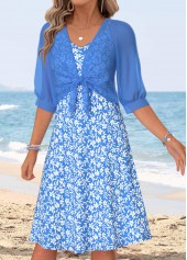 Floral Print Two-piece Blue Half Sleeve Dress and Cardigan