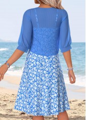 Floral Print Two-piece Blue Half Sleeve Dress and Cardigan
