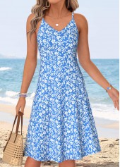 Floral Print Two-piece Blue Half Sleeve Dress and Cardigan