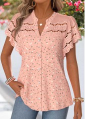 Patchwork Dusty Pink Short Sleeve Split Neck Blouse