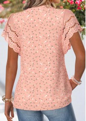 Patchwork Dusty Pink Short Sleeve Split Neck Blouse