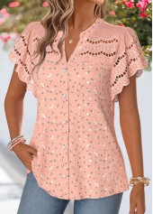 Patchwork Dusty Pink Short Sleeve Split Neck Blouse