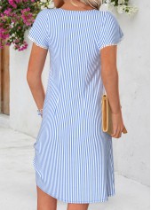 Striped Tummy Coverage Light Blue Short V Neck Dress