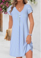 Striped Tummy Coverage Light Blue Short V Neck Dress