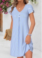 Striped Tummy Coverage Light Blue Short V Neck Dress