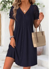 Tuck Stitch Navy Short V Neck Dress