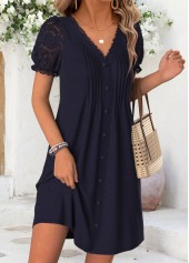 Tuck Stitch Navy Short V Neck Dress